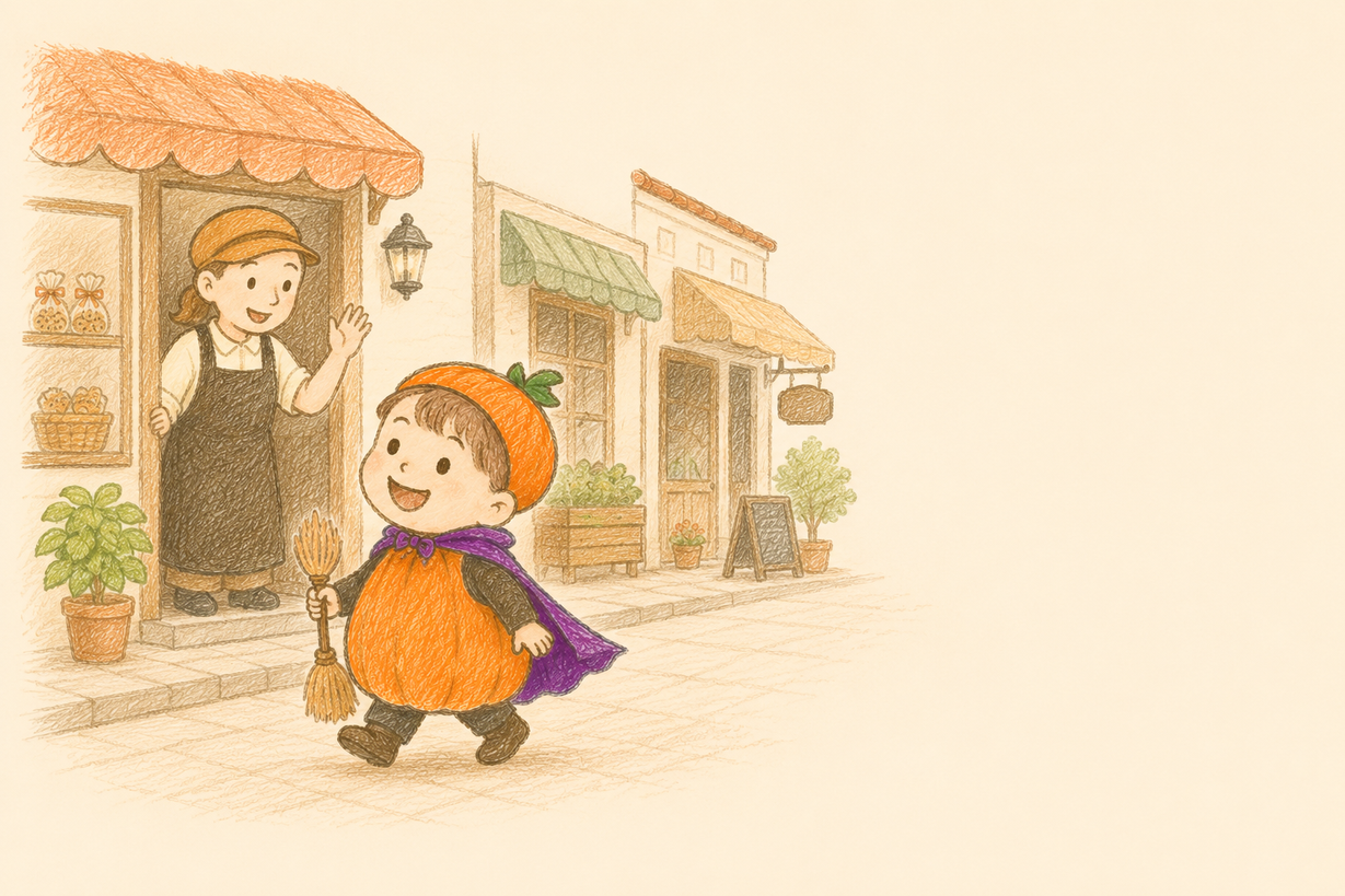 仮装したこどもが清澄白河の通りを歩き、お店の人が手を振っている