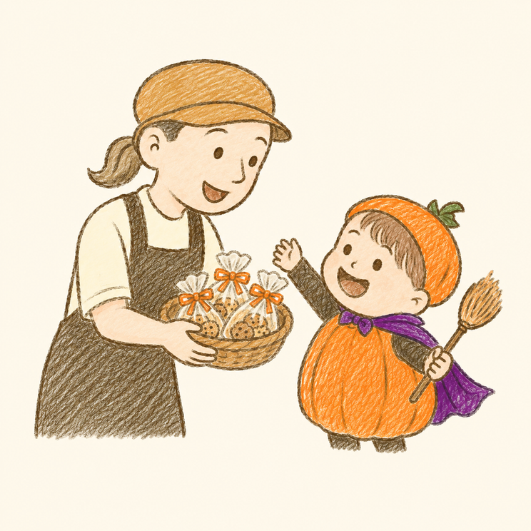お店の人からお菓子を受け取るこども
